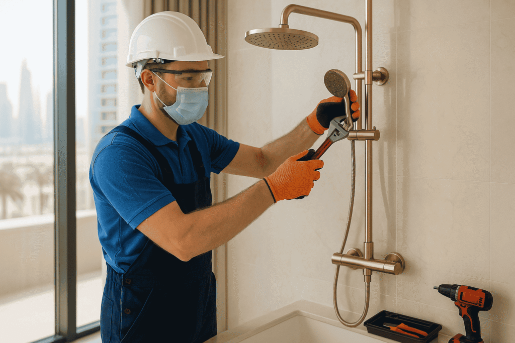 Plumber installing a high-end bathroom fixture in Dubai villa