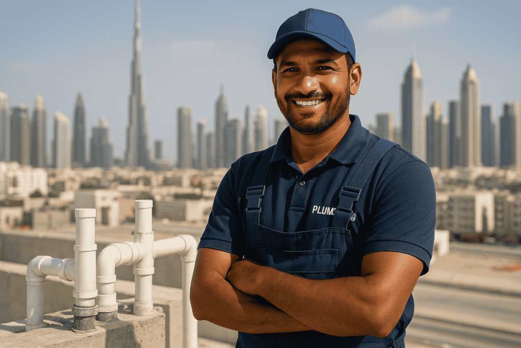 Successful Pakistani plumber working in Dubai, smiling at job site