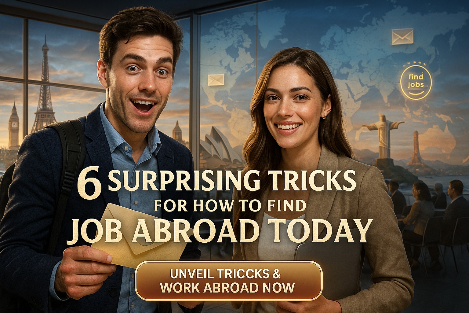 A professional tip-based image showing 6 actionable strategies to find a job abroad with icons and clean design