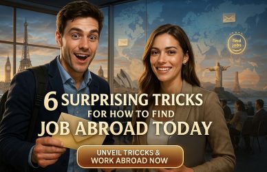 A professional tip-based image showing 6 actionable strategies to find a job abroad with icons and clean design