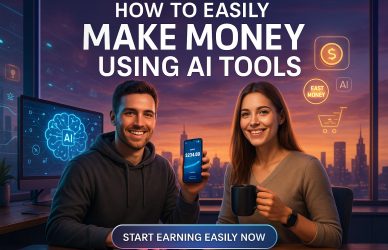 Step-by-step tutorial cover on how to make money using AI tools with educational design and process visuals